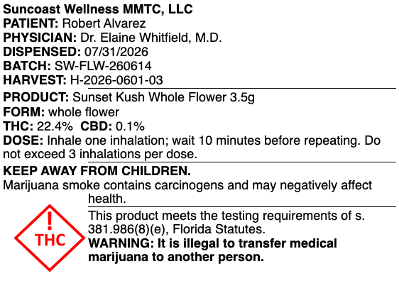 Florida MMTC dispensing label, smokable flower item