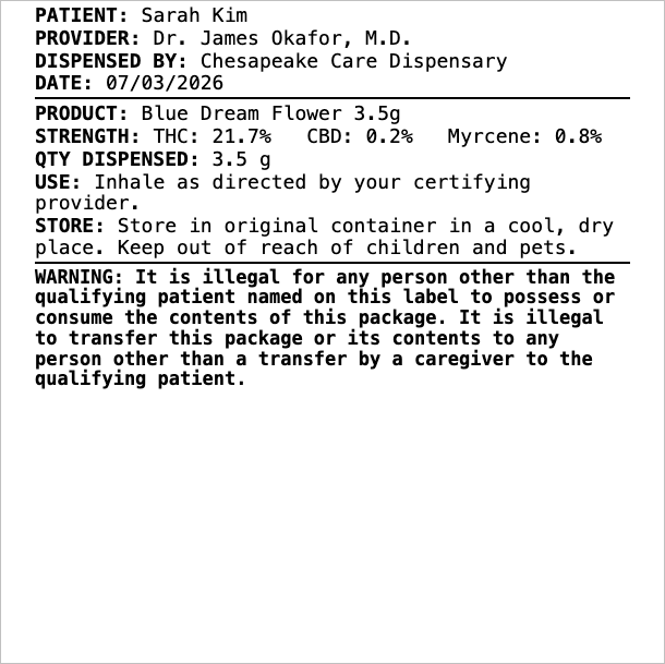 Maryland patient label, the Blue Dream line item, shown on its 3in x 3in die-cut stock