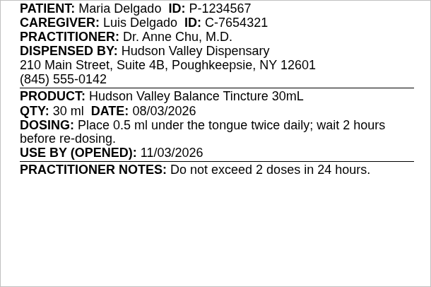 New York patient-specific dispensing label, the tincture line item, shown on its 76.2 x 50.8 mm die-cut stock
