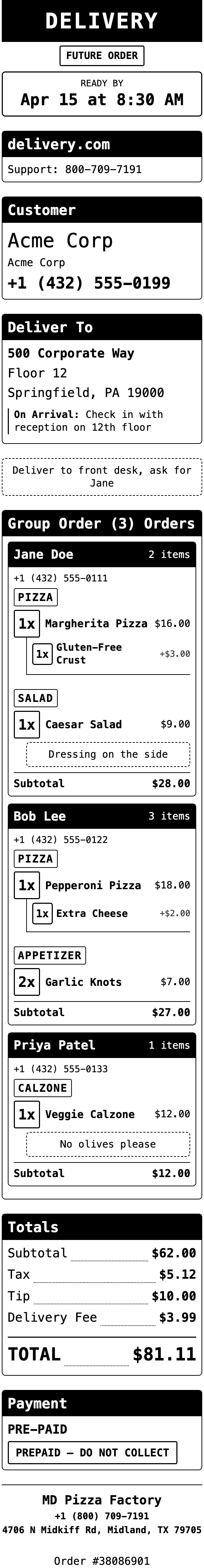 Group order printed output