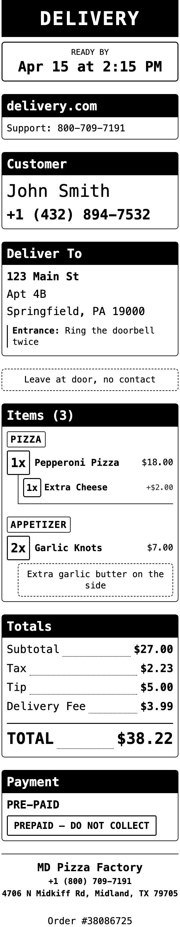 Single order printed output